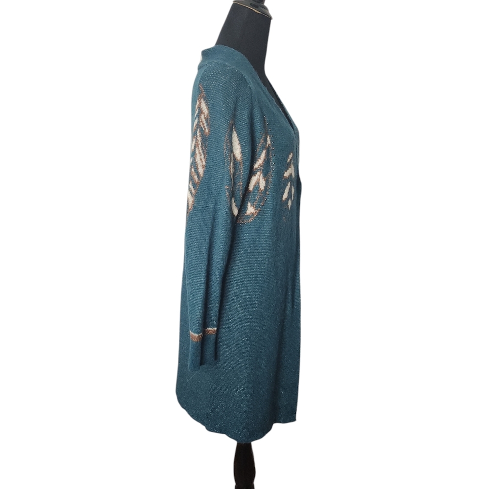 NWT  EA Eleonora Amadei Knitwear Teal Cardigan with Feather‎ Design Size Large